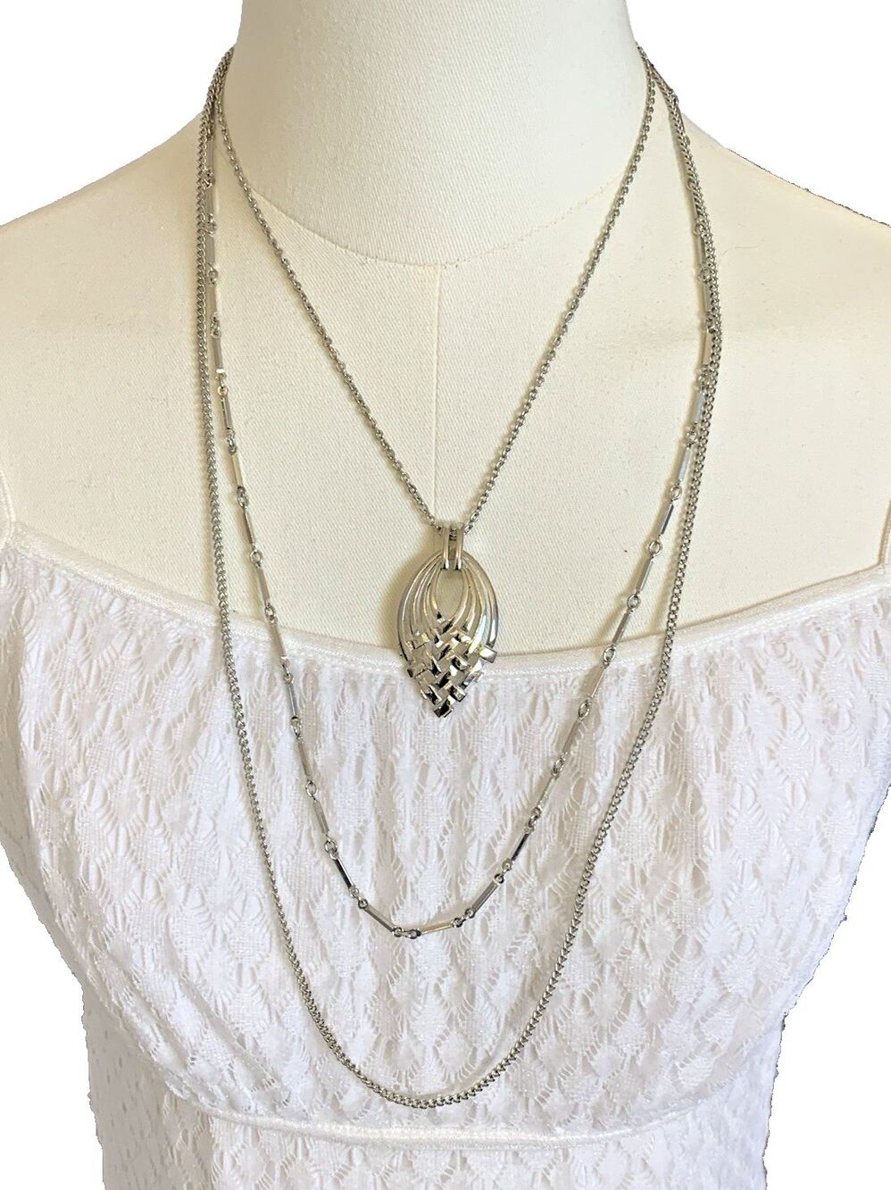 Vintage Modernist Layered Necklace Silver Tone Sculptural Pendant